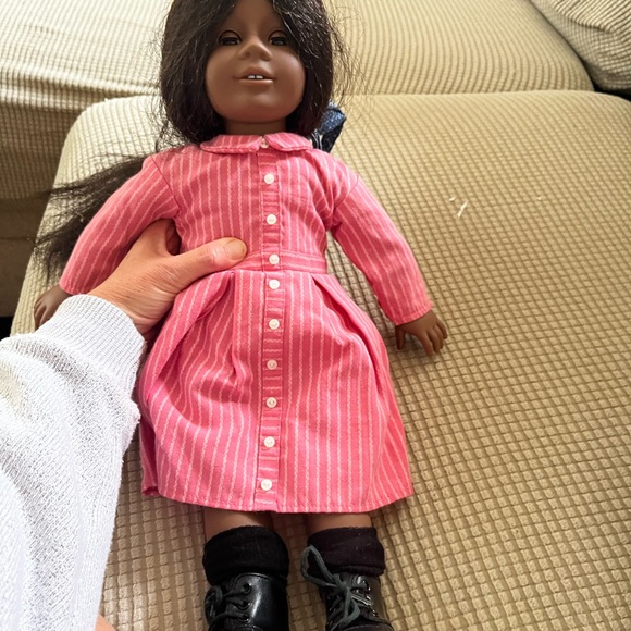 American Girl Doll in Pink Striped Dress with Blue Hat - Picture 2 of 7
